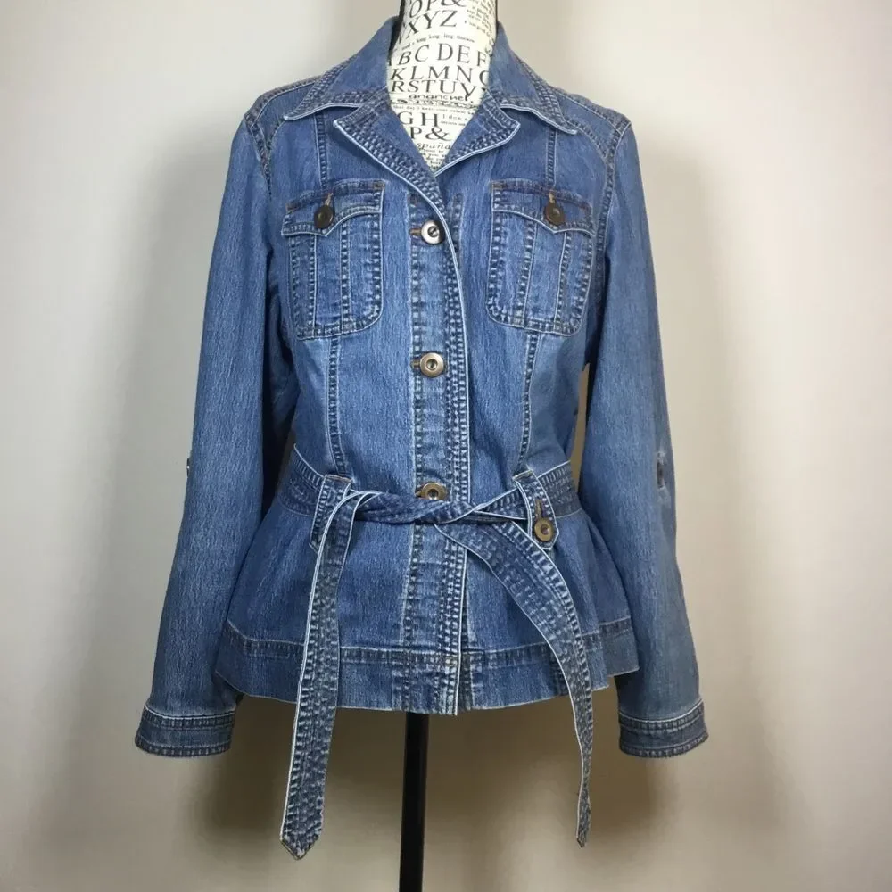 Medium blue denim jacket with belt at the waist western hippie boho size M - Picture 2 of 8